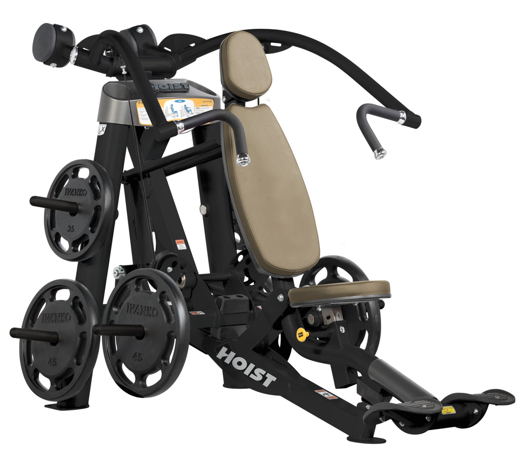 Hoist plate loaded incline chest press machine with angled press arms, adjustable seat, and weight plate storage for upper chest training