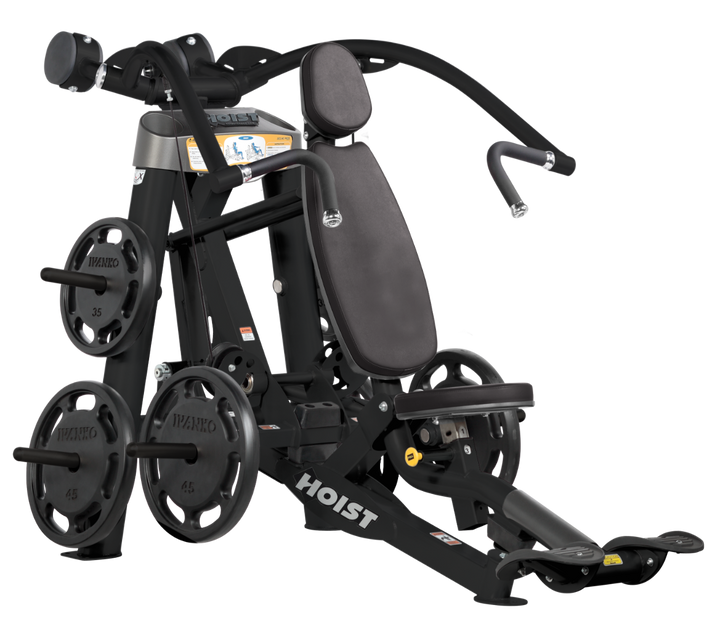 incline chest press machine with gray padding highlighting plate-loaded arms and ergonomic frame design