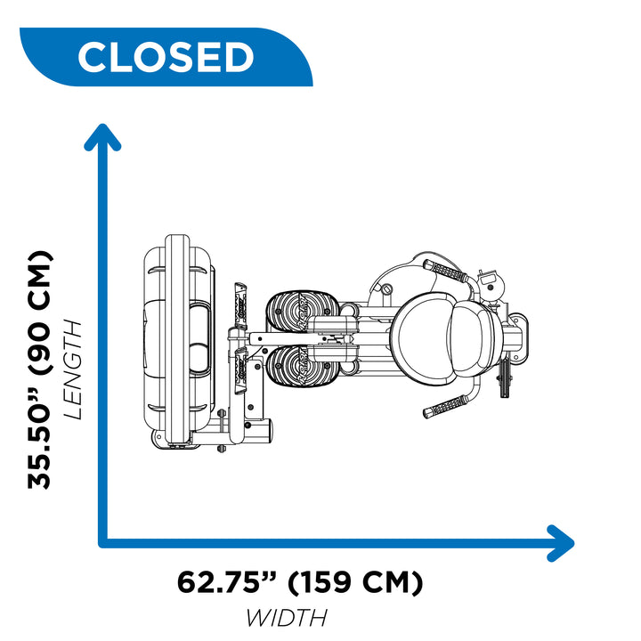 Overhead diagram of inner and outer thigh machine in closed position showing 35.50 inch length and 62.75 inch width