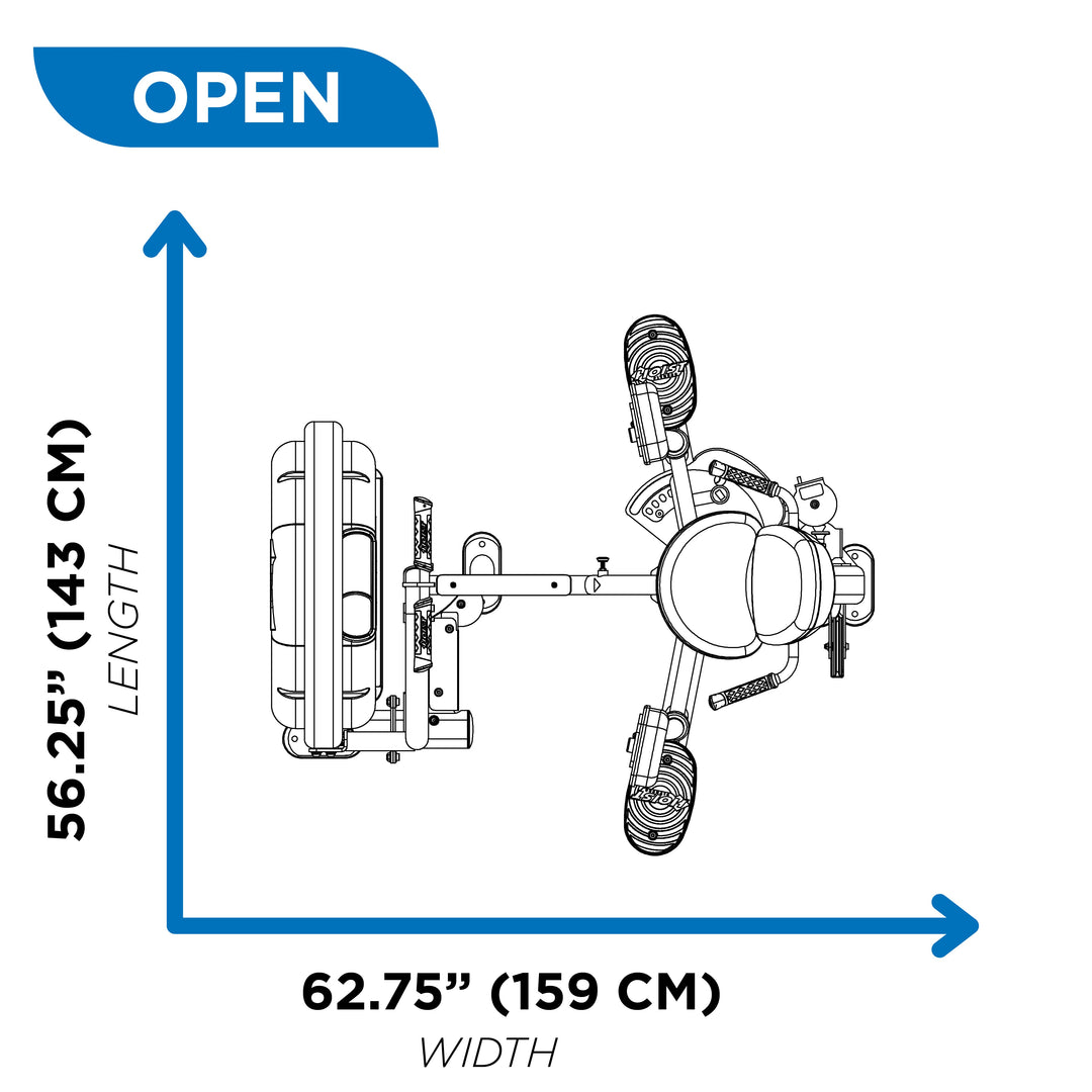 Overhead diagram of inner and outer thigh machine in open position showing 56.25 inch length and 62.75 inch width