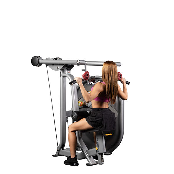 User performing lat pulldown exercise showing proper seated posture and overhead cable movement