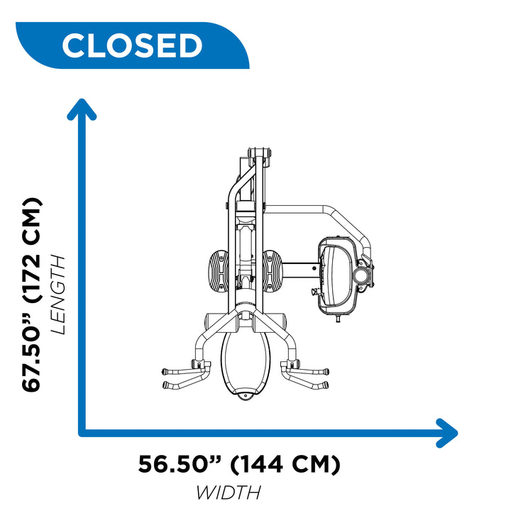 Overhead diagram showing closed footprint dimensions of lat pulldown machine for compact gym layout planning