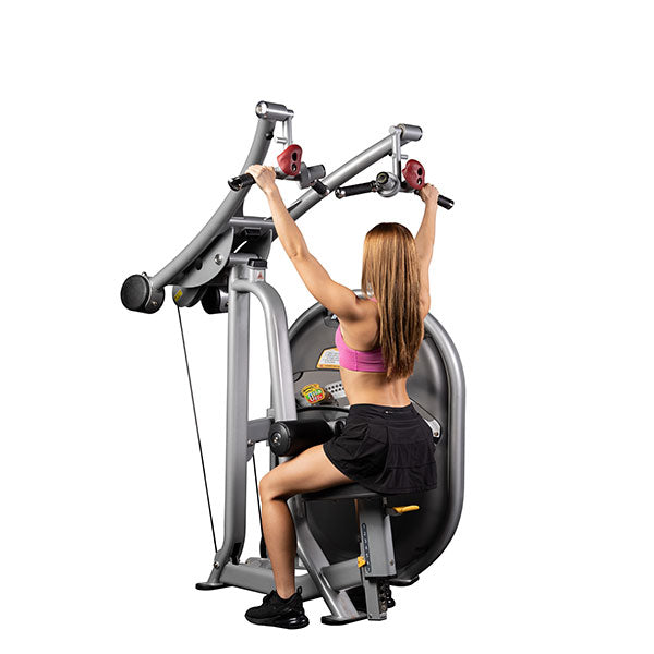 User performing lat pulldown exercise showing proper seated posture and overhead cable movement