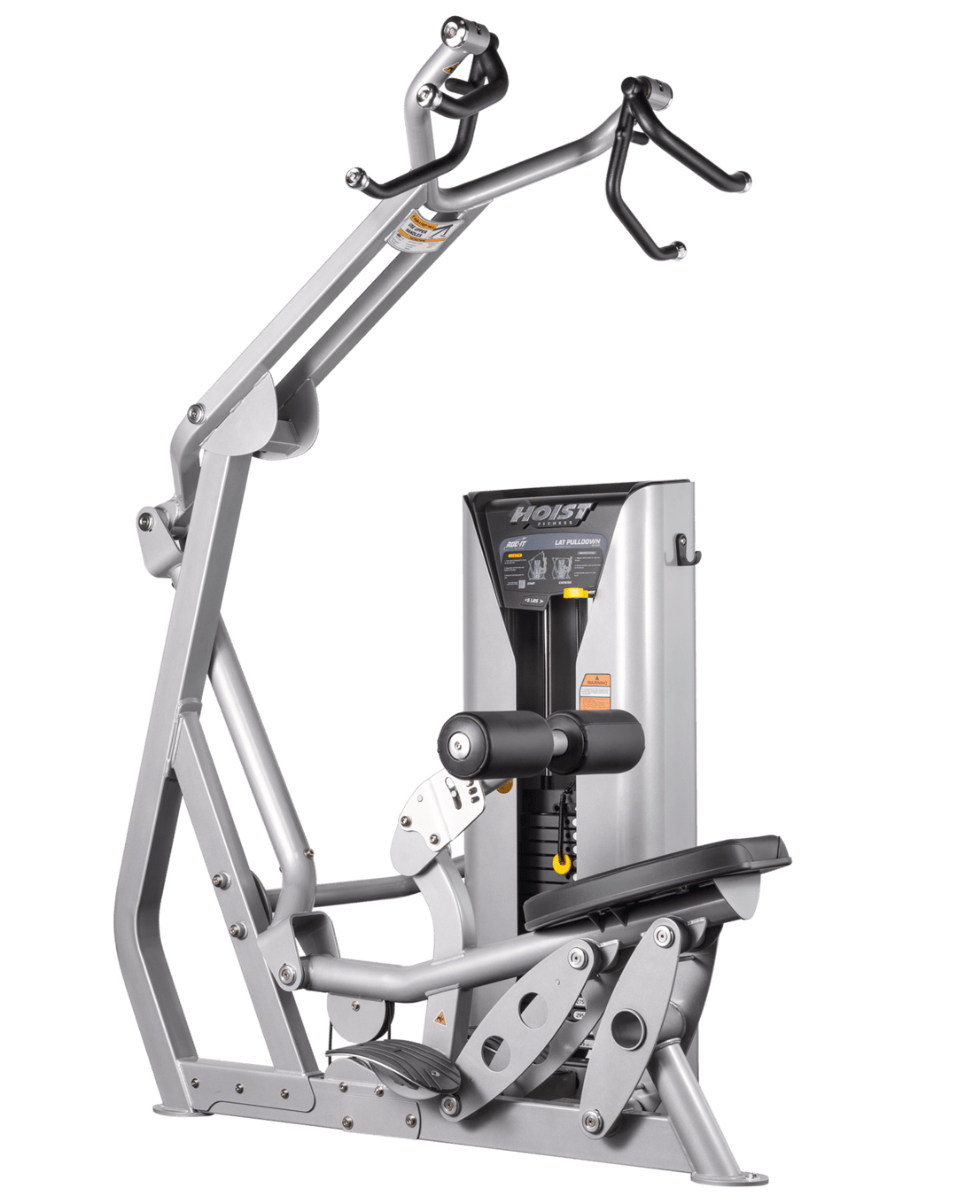 angled side view of Hoist lat pulldown machine showing frame structure, seat, and cable arms