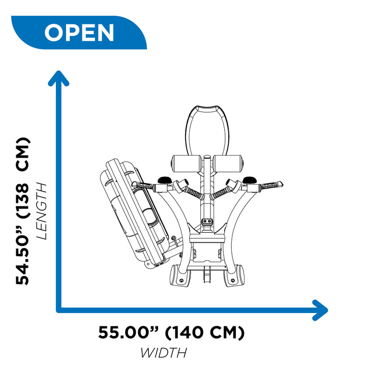 Overhead diagram of lat pulldown machine in open position showing 54.5 inch length and 55 inch width