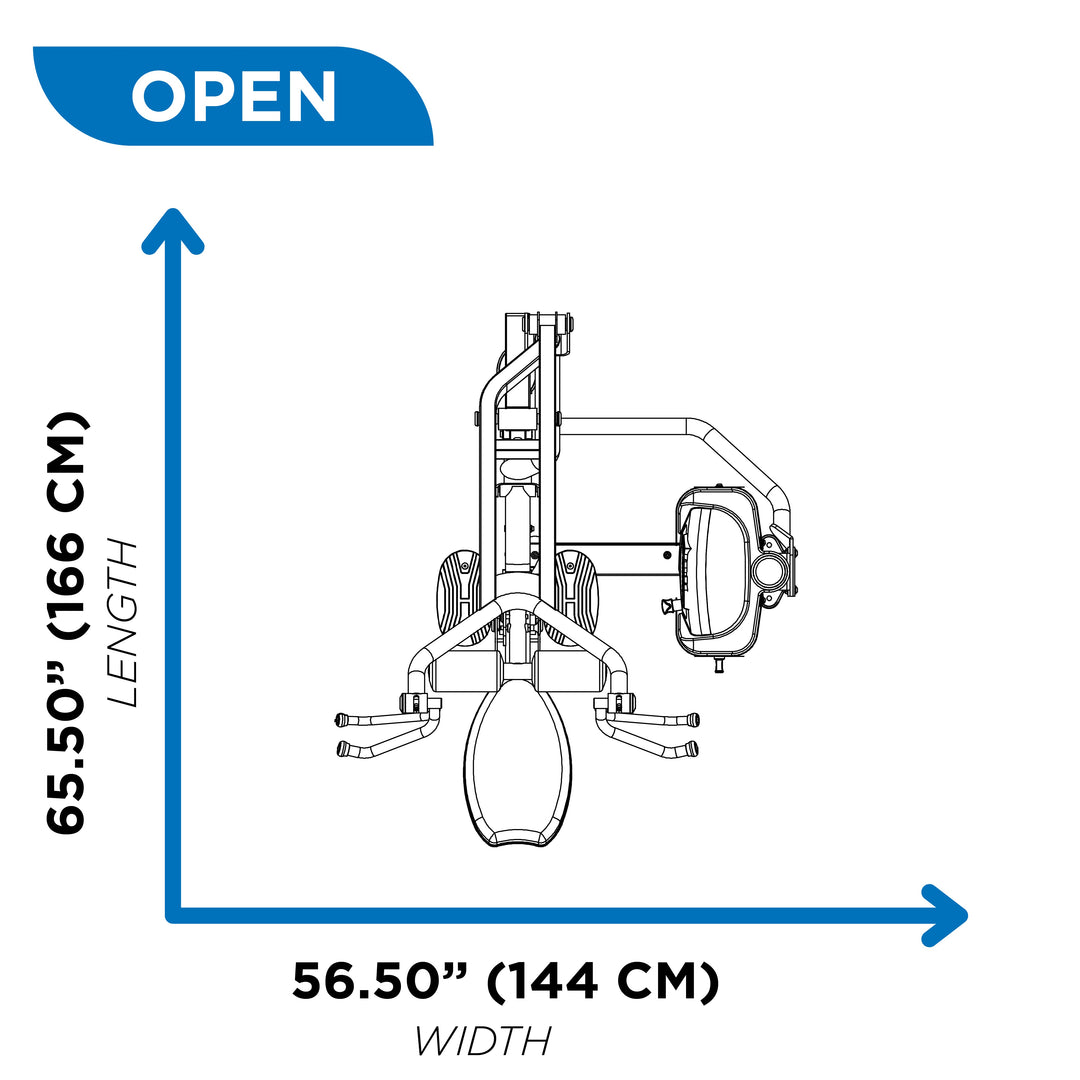 Overhead diagram showing open footprint dimensions of Hoist lat pulldown machine at 65.50 inch length and 56.50 inch width