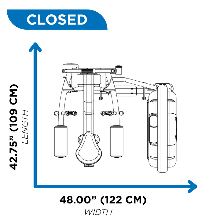 Overhead diagram of lateral raise machine in closed position showing 42.75 inch length and 48.00 inch width