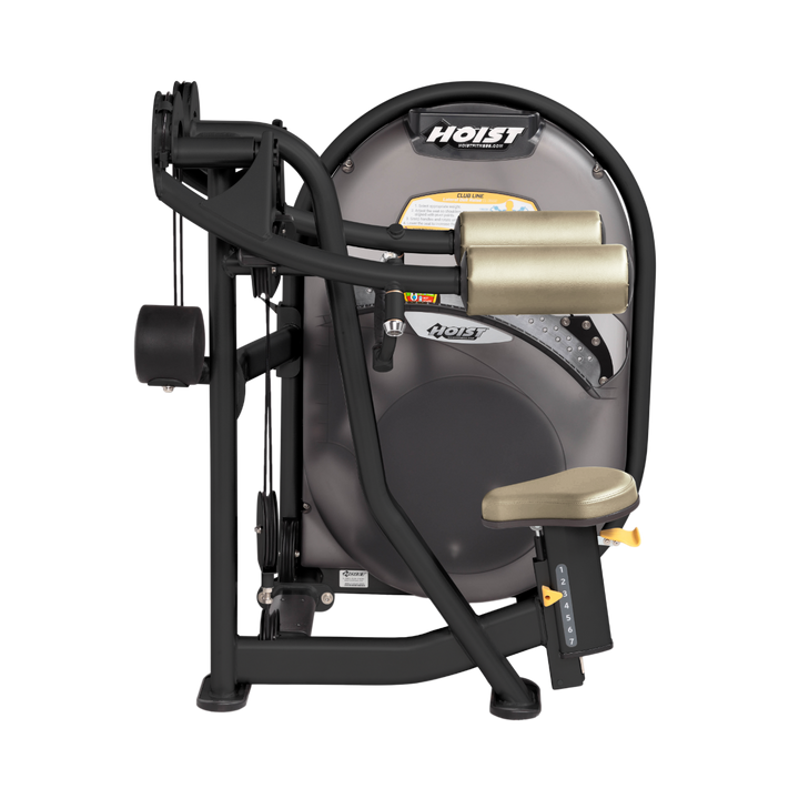 Seated lateral raise machine with arm pads and handles designed for shoulder isolation exercises