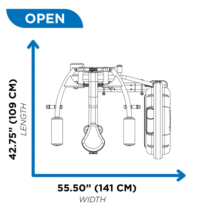 Overhead diagram of lateral raise machine in open position showing 42.75 inch length and 55.50 inch width