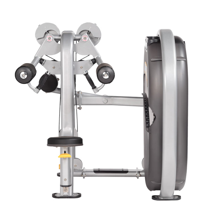 Rear view of user performing lateral raise exercise on machine with arms lifting outward at shoulder height