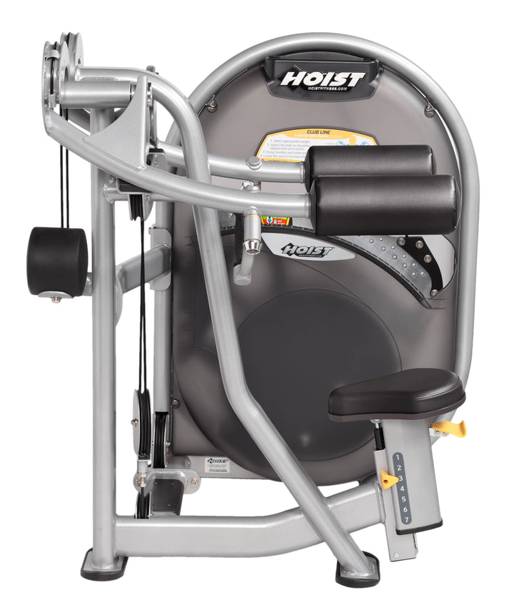 Side view of lateral raise machine showing seat, arm pads, and circular resistance housing