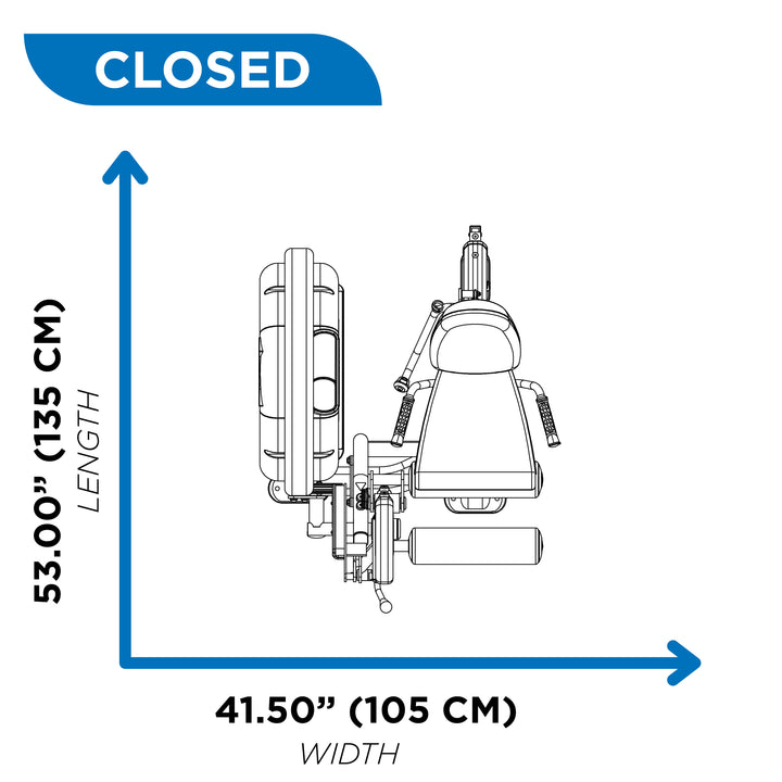 Overhead diagram of leg curl machine in closed position showing 53 inch length and 41.5 inch width
