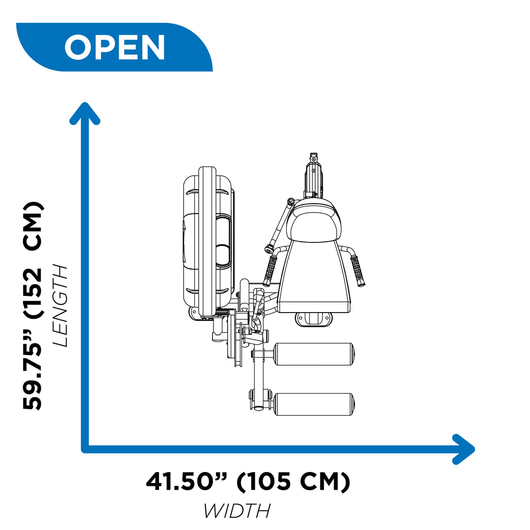 Overhead diagram of leg curl machine in open position showing 59.75 inch length and 41.5 inch width