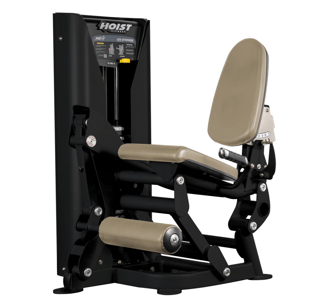 Hoist leg extension machine with adjustable seat, padded leg rollers, and weight stack system for quadriceps strengthening exercises