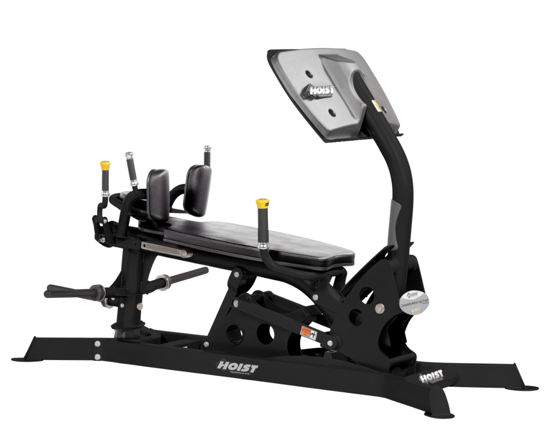 angled side view of dual action leg press machine highlighting seat positioning, footplate, and frame design