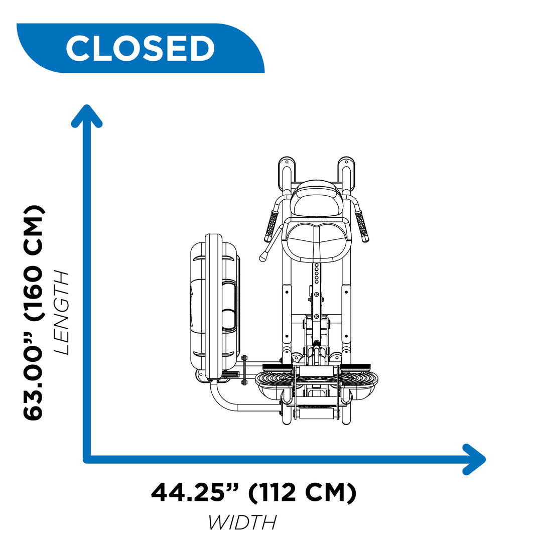 Overhead diagram of leg press machine in closed position showing 63 inch length and 44.25 inch width