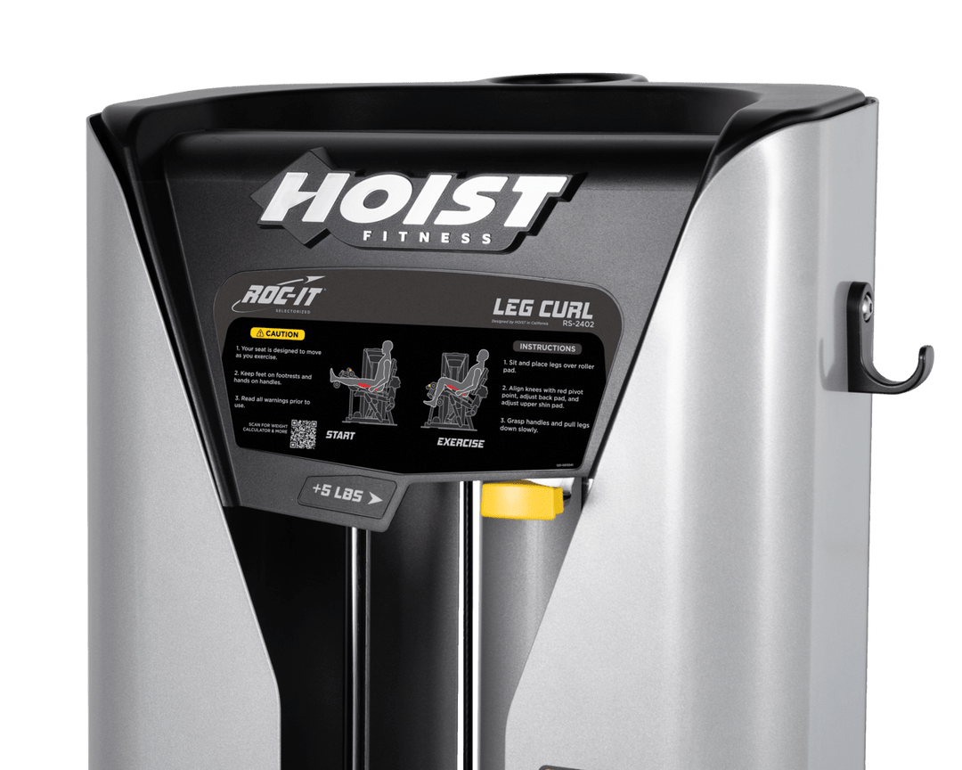 close-up of Hoist leg press machine console, branding, and selectorized weight stack system