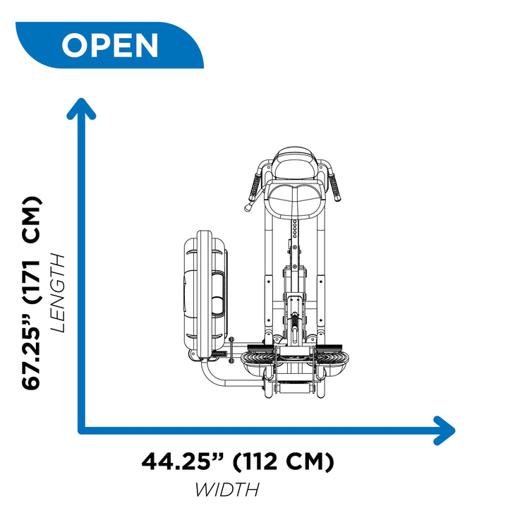 Overhead diagram of leg press machine in open position showing 67.25 inch length and 44.25 inch width