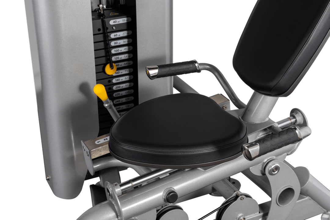 close-up of adjustable seat and padding system on Hoist selectorized leg press machine