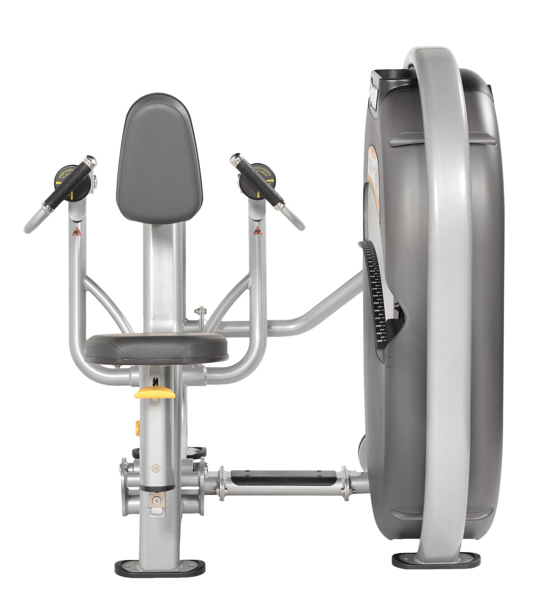 Front view of mid row machine highlighting handle design, seat position, and frame construction