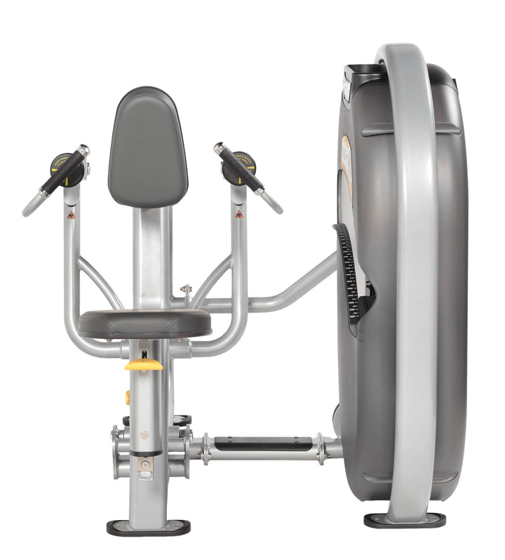 Front view of mid row machine highlighting handle design, seat position, and frame construction