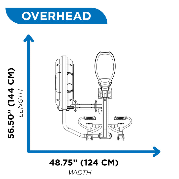 Overhead diagram of mid row machine showing 56.5 inch length and 48.75 inch width