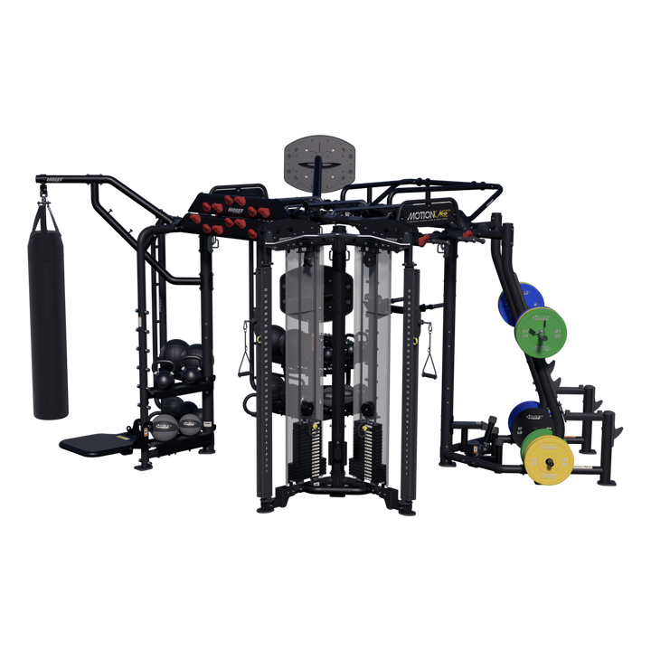 Hoist Motion Cage Package 5 with heavy bag station, storage attachments, and multi-user functional training configuration