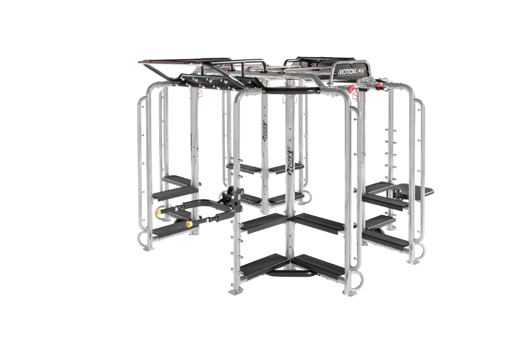 silver frame Motion Cage Package 1 functional fitness rig with multi-station workout configuration for commercial gyms