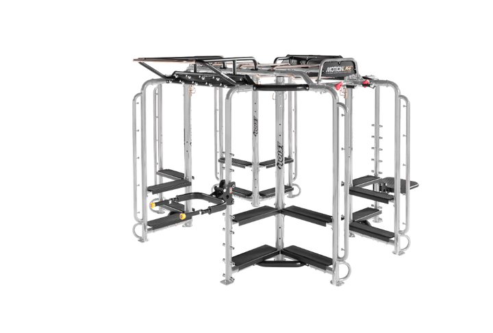 silver frame Motion Cage Package 1 functional fitness rig with multi-station workout configuration for commercial gyms