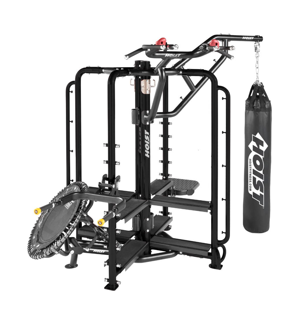 Hoist Motion Cage Studio Package 2 with rebounder attachment, heavy punching bag, and compact functional training layout
