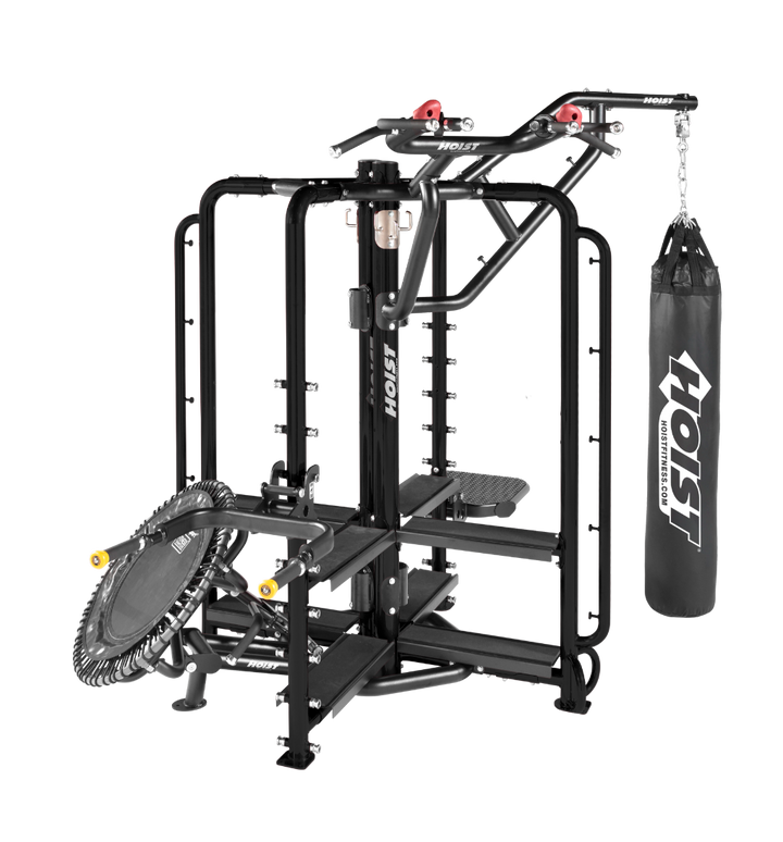 Hoist Motion Cage Studio Package 2 with rebounder attachment, heavy punching bag, and compact functional training layout