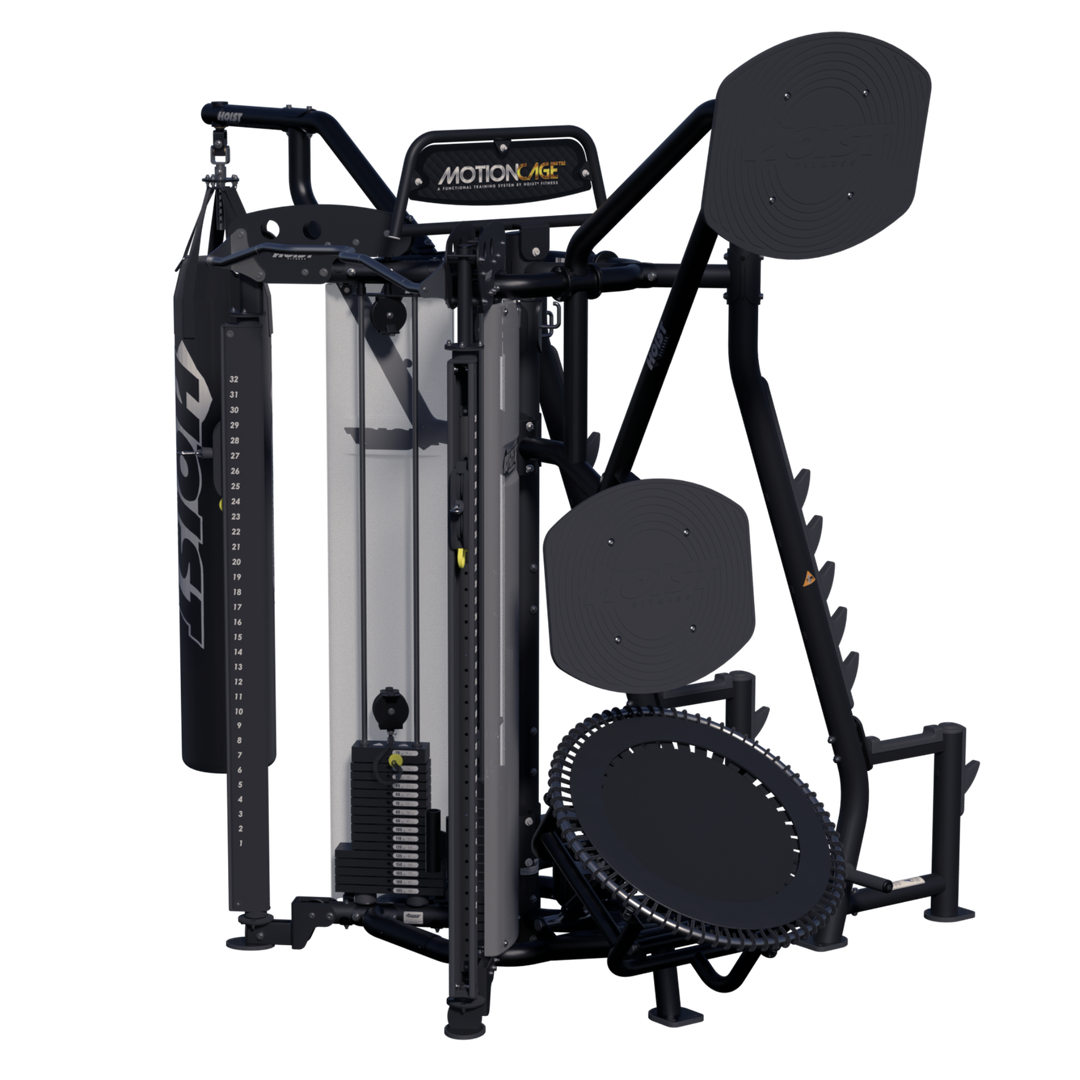 side equipment layout of Motion Cage Studio Package 5 highlighting storage shelves, boxing station, and training attachments