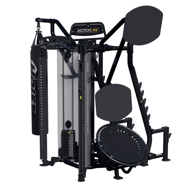 side equipment layout of Motion Cage Studio Package 5 highlighting storage shelves, boxing station, and training attachments