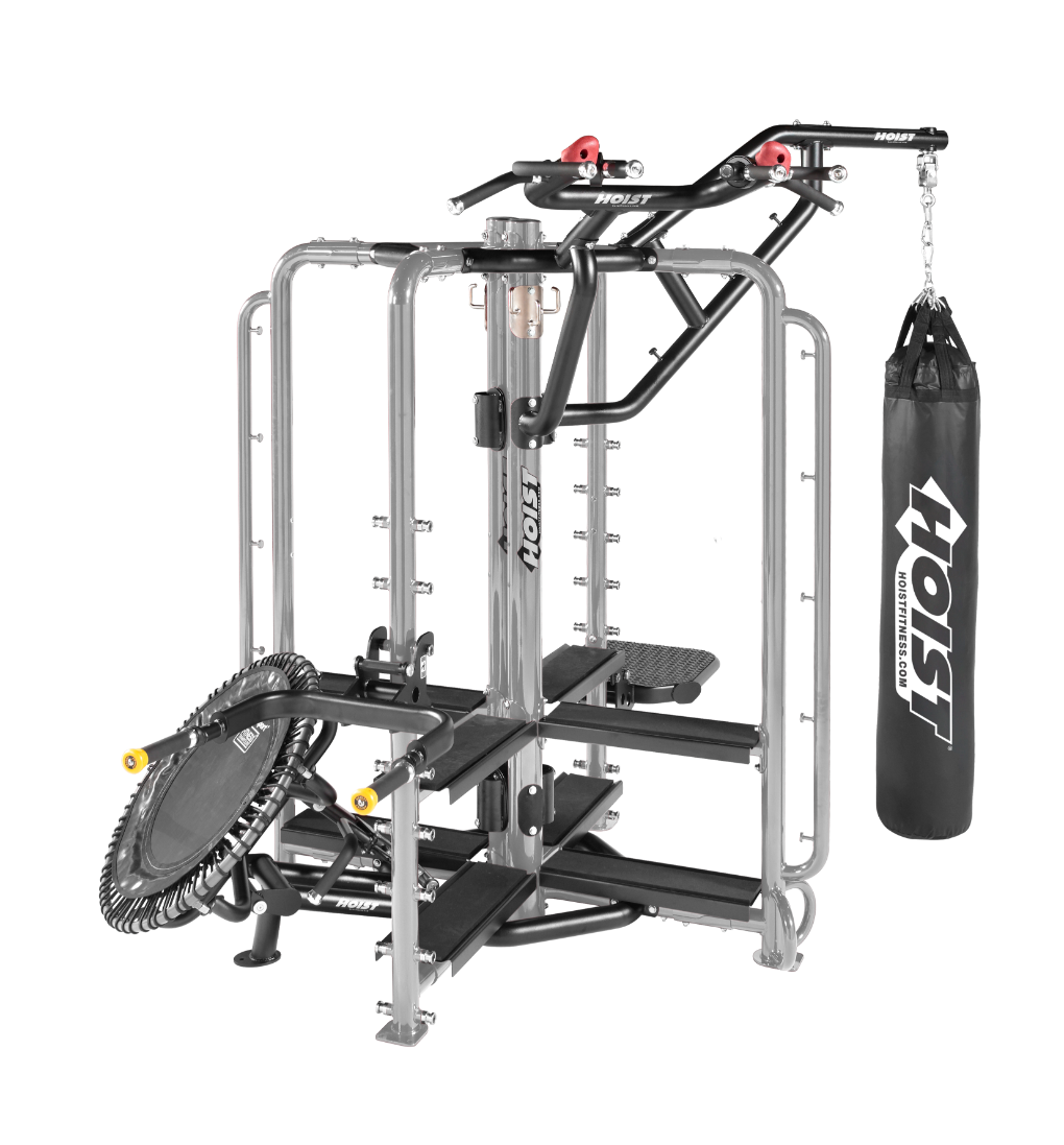 silver frame Motion Cage Studio Package 2 with boxing bag attachment and functional workout stations for commercial gyms