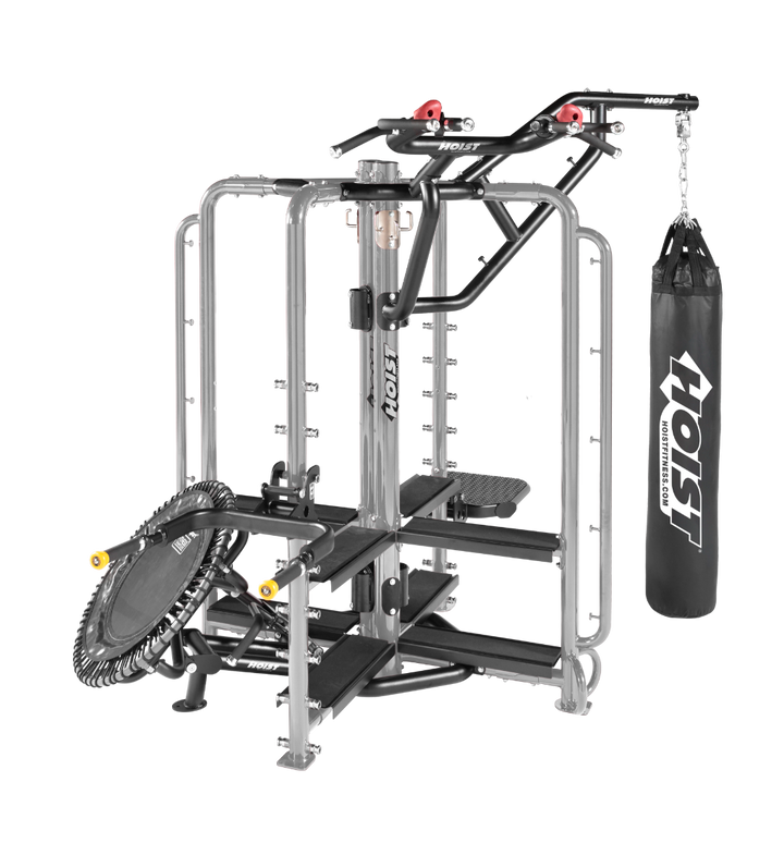 silver frame Motion Cage Studio Package 2 with boxing bag attachment and functional workout stations for commercial gyms