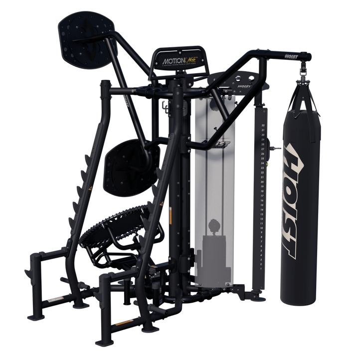 compact functional training system with Olympic weight plate storage and integrated rebounder workout platform
