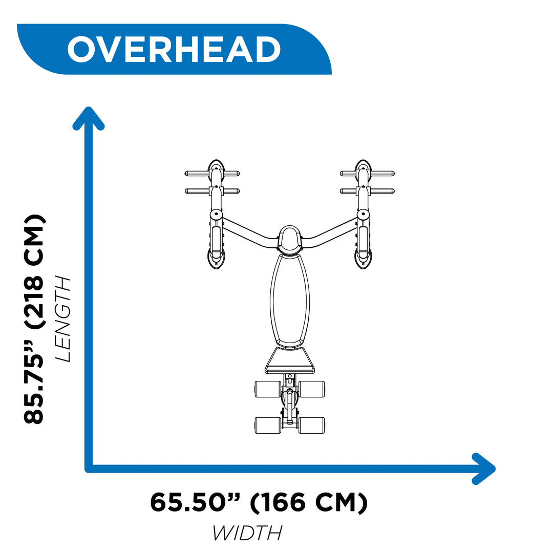 Overhead diagram of Hoist Olympic decline bench with storage showing 85.75 inch length and 65.5 inch width dimensions