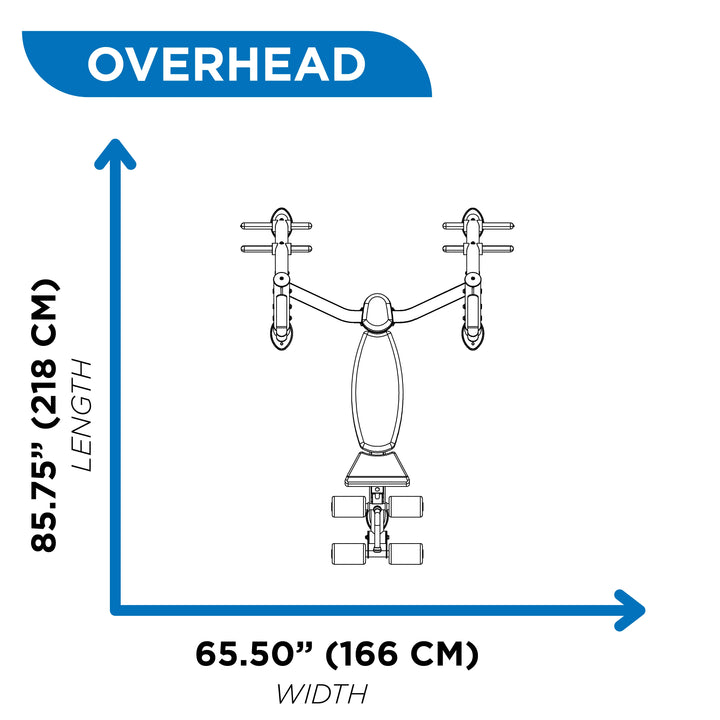Overhead diagram of Hoist Olympic decline bench with storage showing 85.75 inch length and 65.5 inch width dimensions
