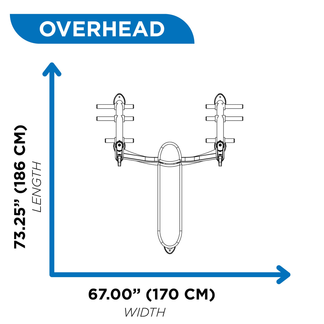 Overhead diagram of Hoist Olympic flat bench with storage showing 73.25 inch length and 67 inch width dimensions