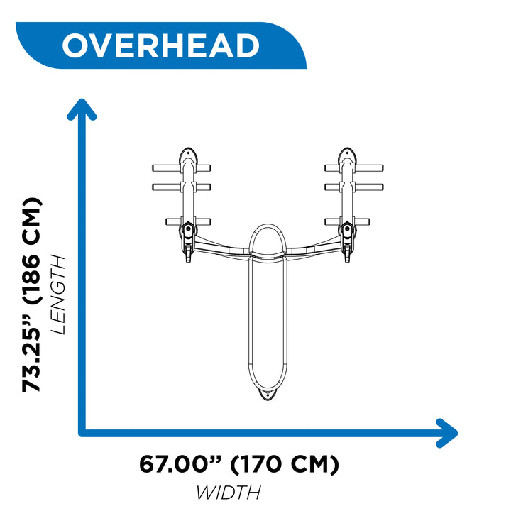 Overhead diagram of Hoist Olympic flat bench with storage showing 73.25 inch length and 67 inch width dimensions