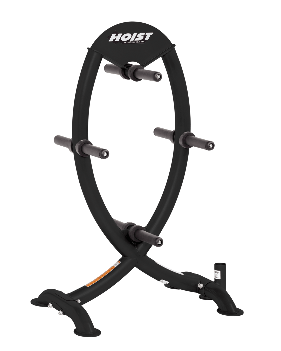 Olympic plate tree with circular frame and multiple storage pegs for organizing weight plates