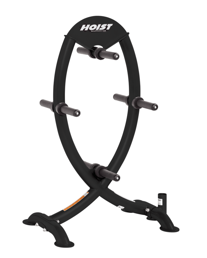 Olympic plate tree with circular frame and multiple storage pegs for organizing weight plates