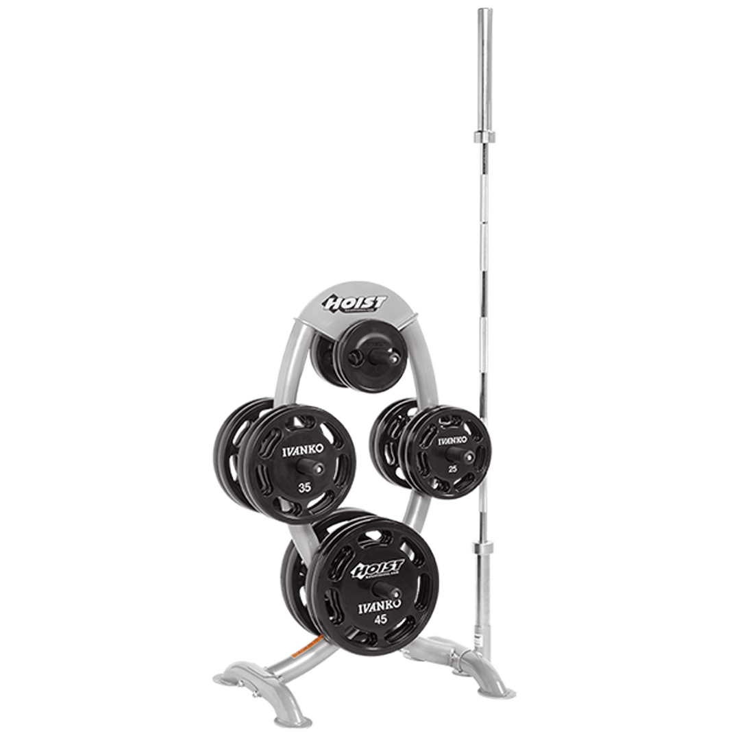 Plate tree fully loaded with Olympic weight plates on multiple storage horns