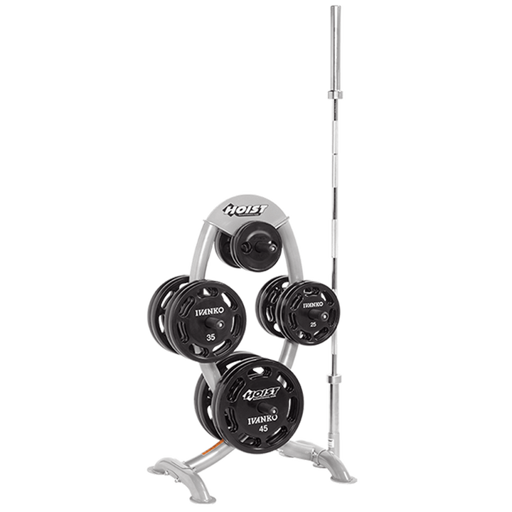 Plate tree fully loaded with Olympic weight plates on multiple storage horns