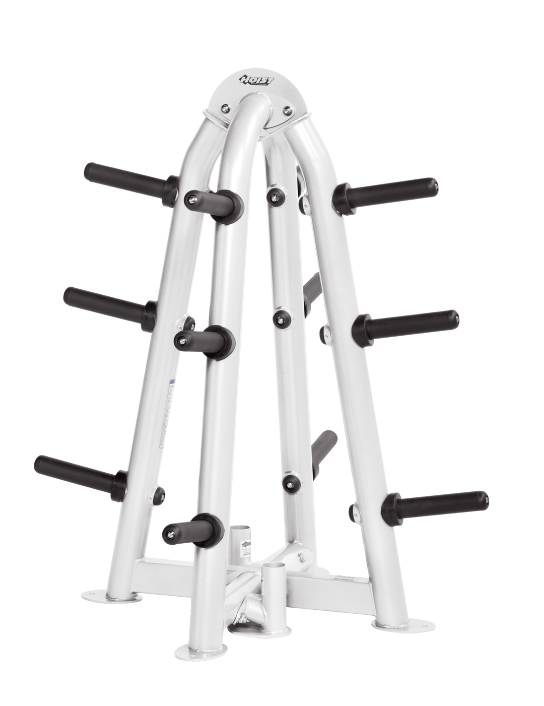 White frame four-sided Olympic plate tree designed for organized gym storage
