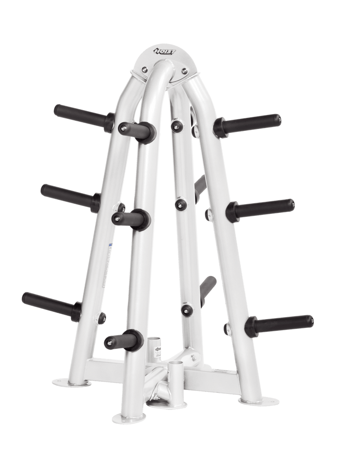 White frame four-sided Olympic plate tree designed for organized gym storage