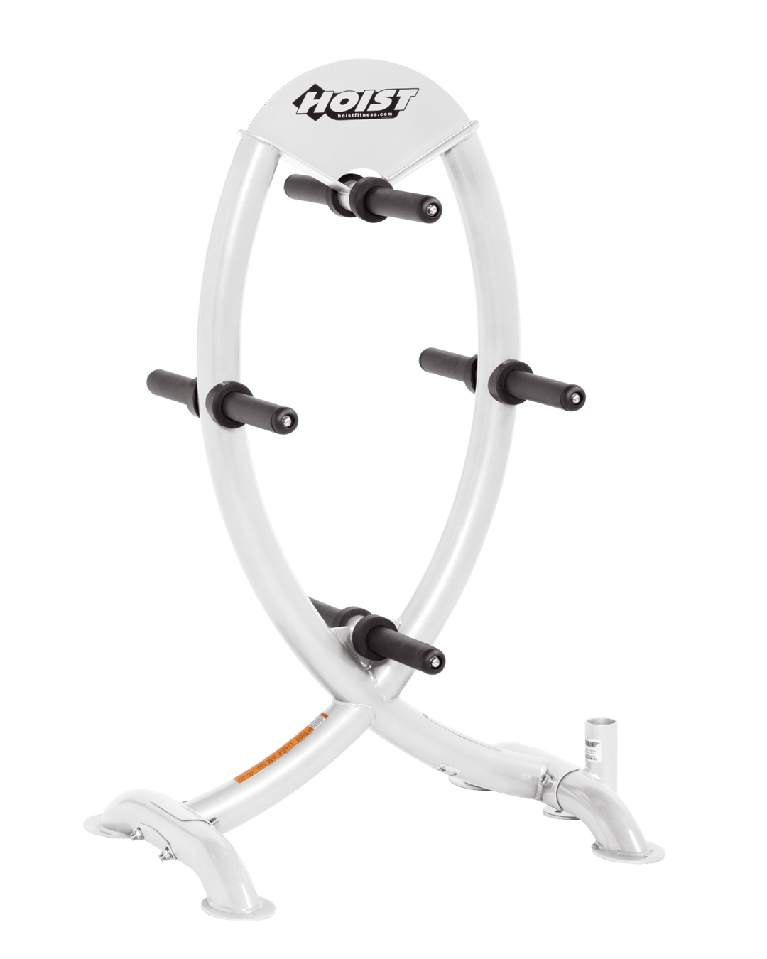 White frame Olympic plate tree with circular design and evenly spaced storage horns