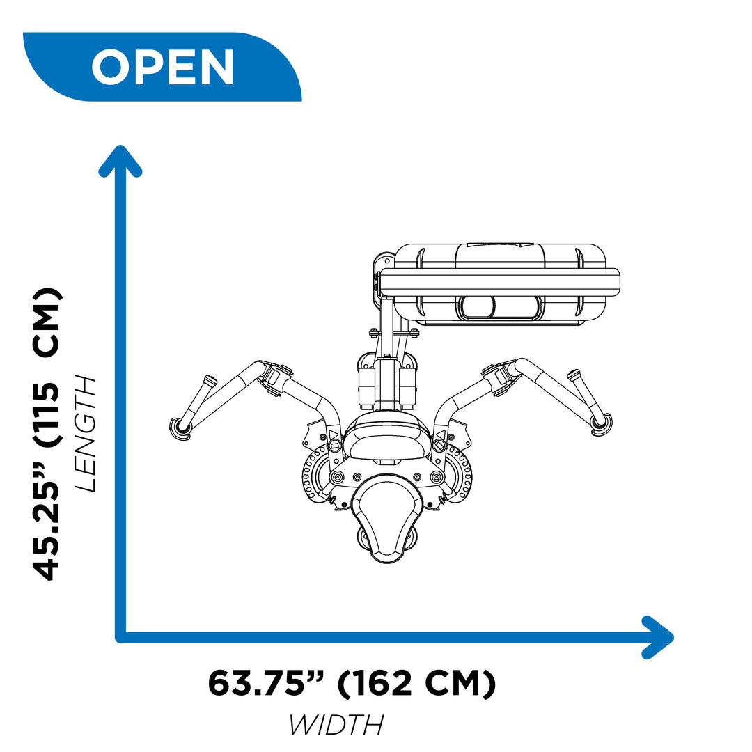 Overhead diagram of pec fly rear delt machine in open position showing 45.25 inch length and 63.75 inch width