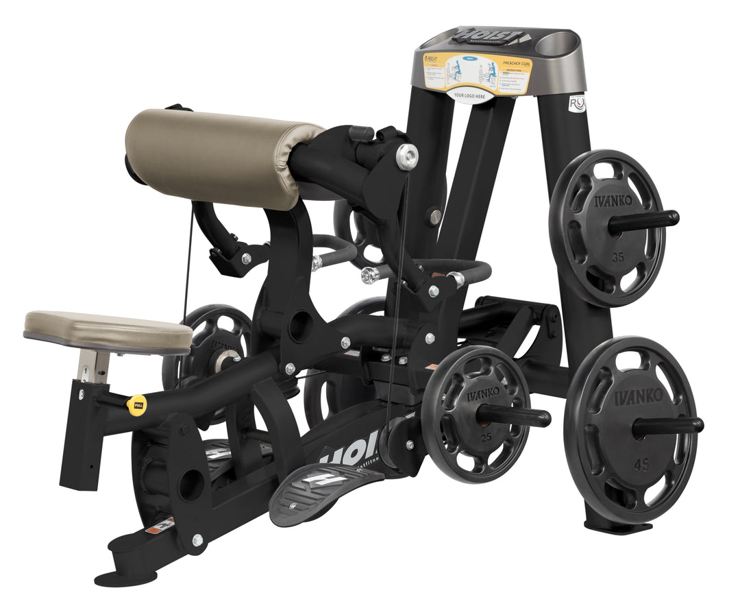 Hoist plate loaded biceps curl machine with angled arm pad, ergonomic seat, and weight plate storage for arm training