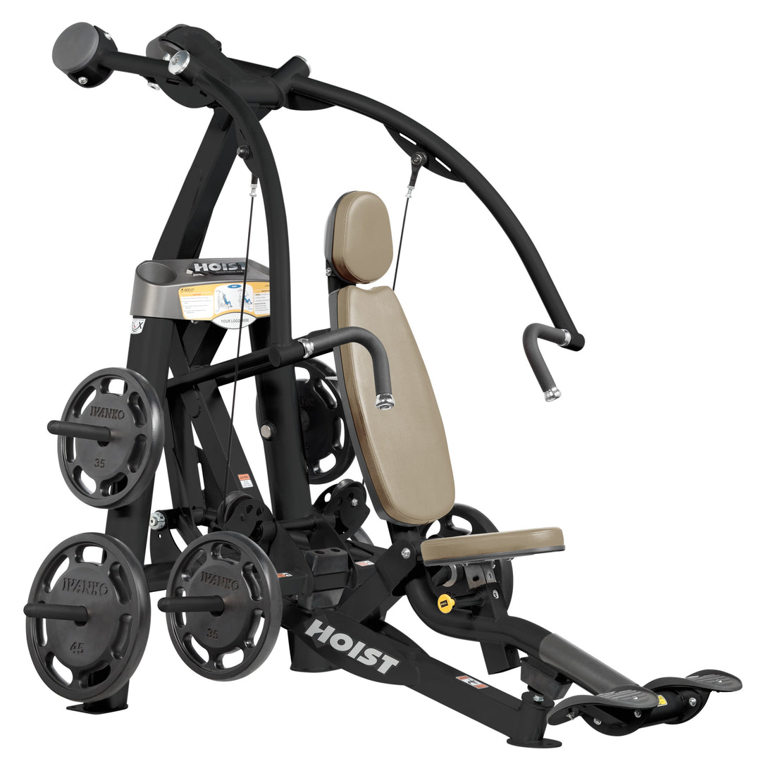 Hoist plate loaded chest press machine with converging arms, adjustable seat, and ergonomic handles for chest workouts